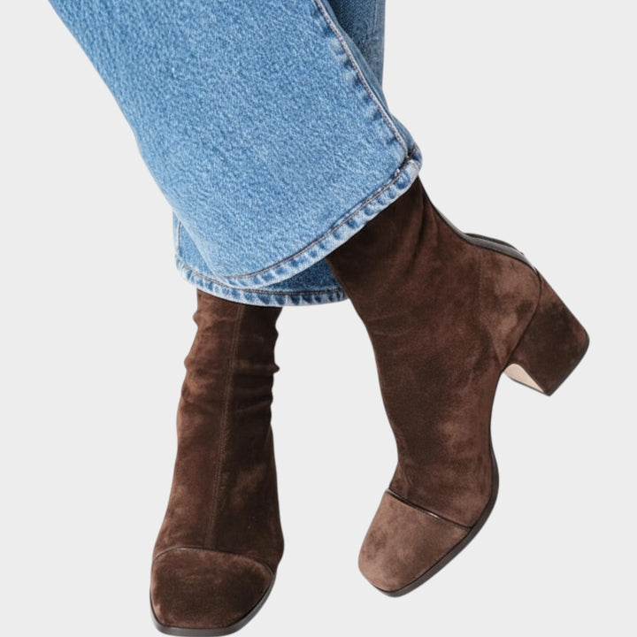 Suede Block Heel Ankle Boots with Pointed Toe
