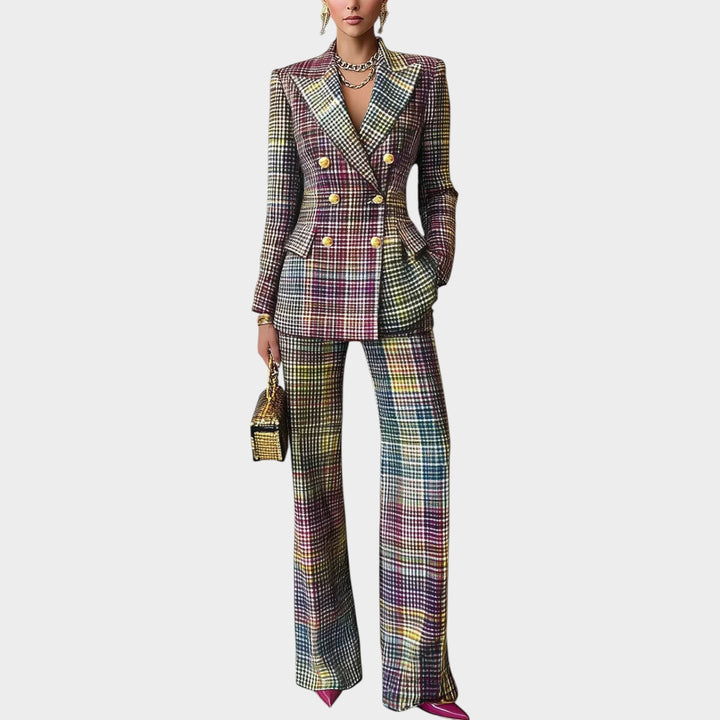 Women's Plaid Suit Double Breasted Blazer Wide Leg Pants