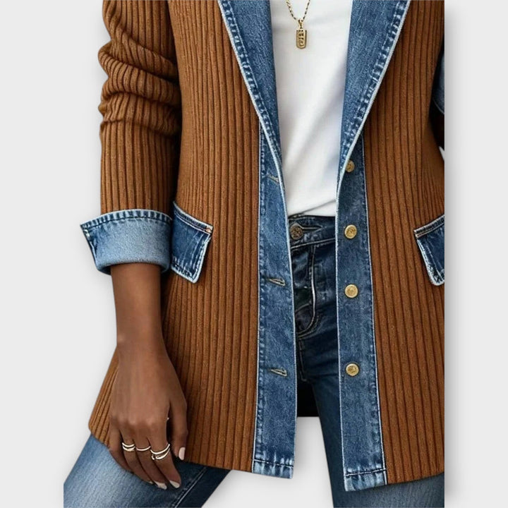 Longline Ribbed Denim Trim Cardigan