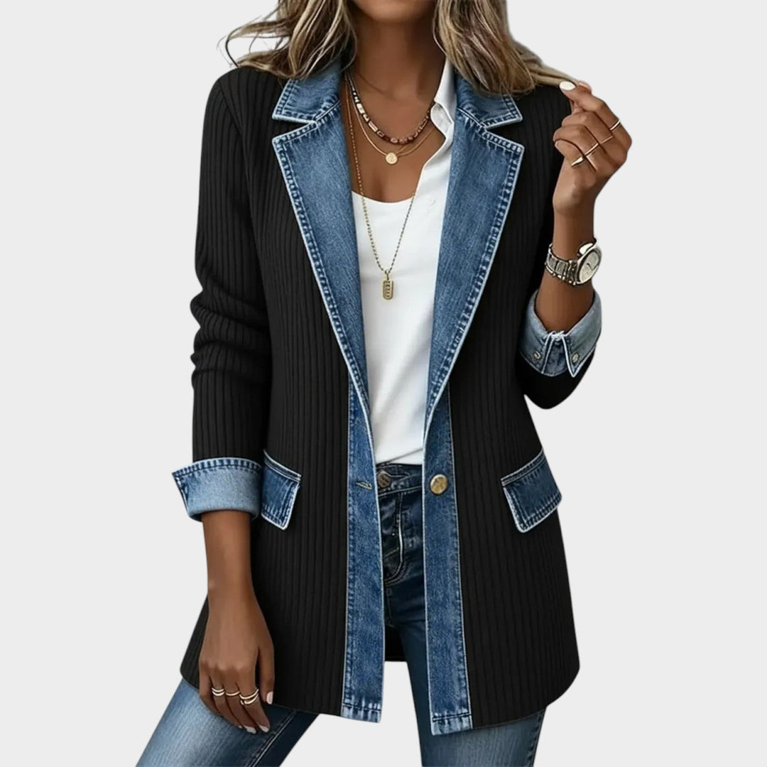 Longline Ribbed Denim Trim Cardigan