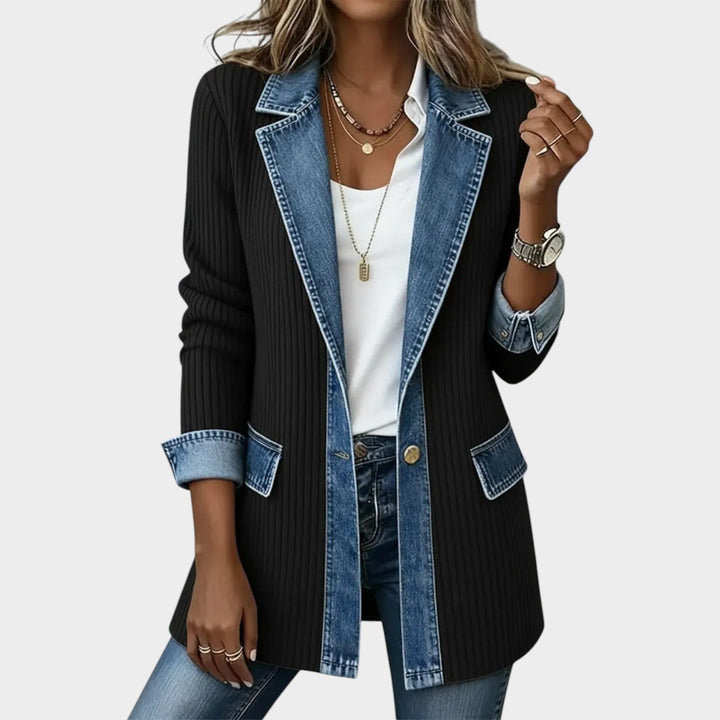 Longline Ribbed Denim Trim Cardigan