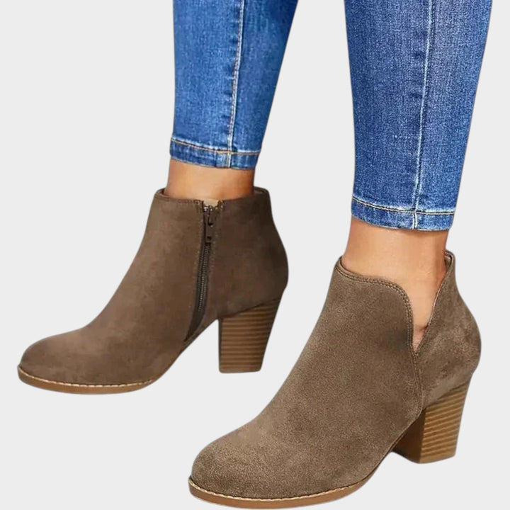 Suede Block Heel Ankle Boots with Side Zip