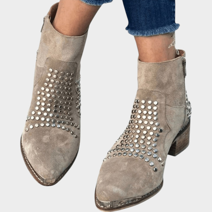 Suede Studded Block Heel Ankle Boots with Zip Closure
