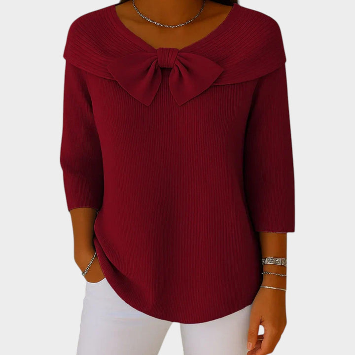 Bow Neck Ribbed Knitted Jumper