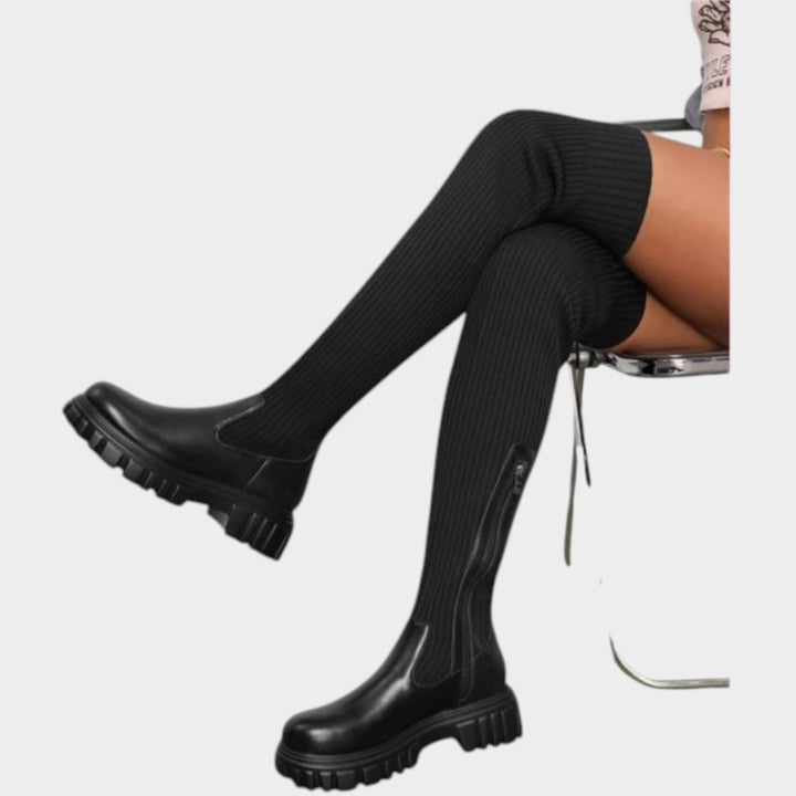 Over the Knee Ribbed Knit Chunky Sole Boots