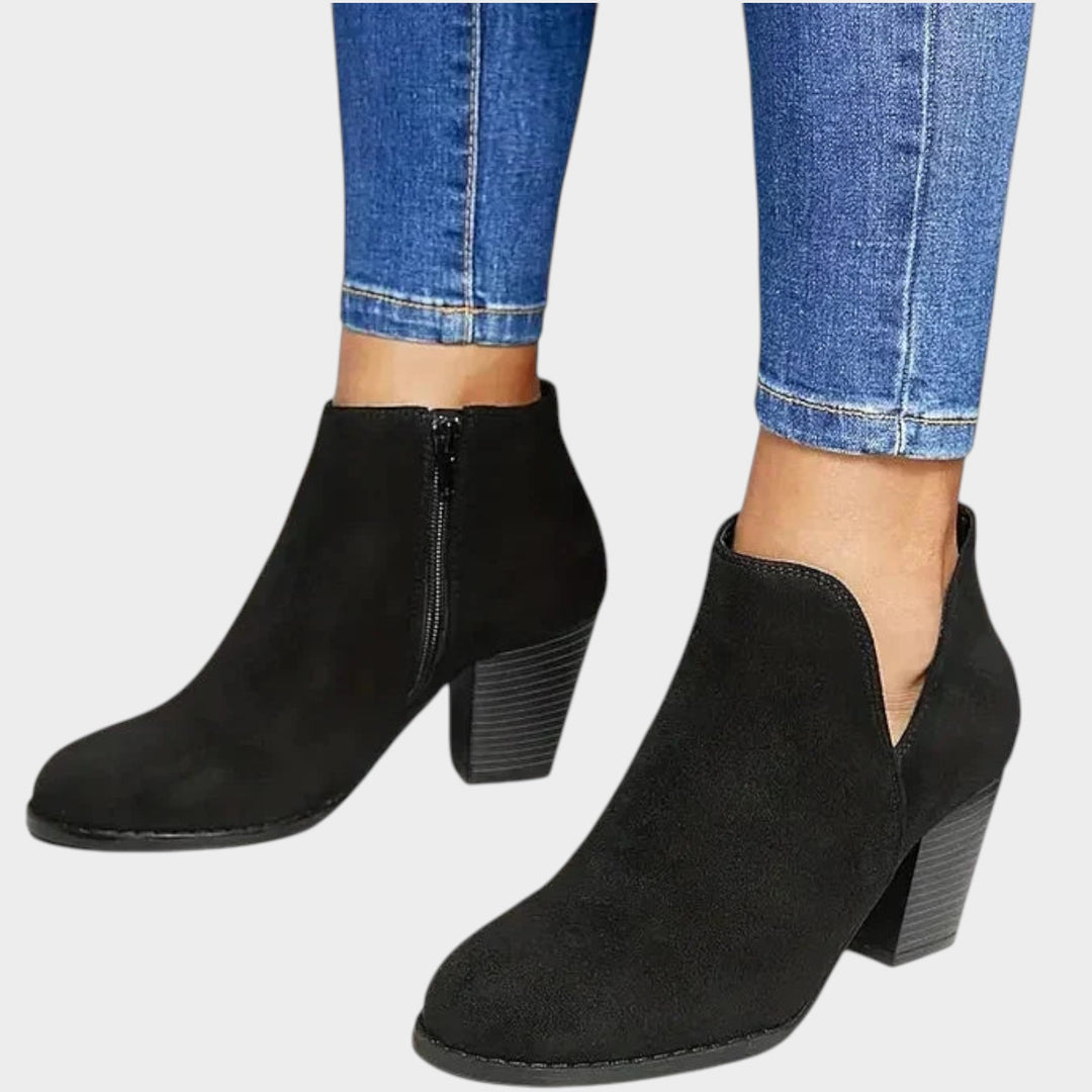 Suede Block Heel Ankle Boots with Side Zip