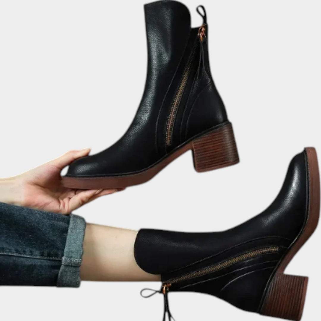 Leather Block Heel Ankle Boots with Side Zip