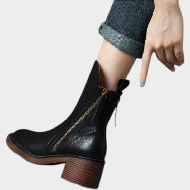 Leather Block Heel Ankle Boots with Side Zip