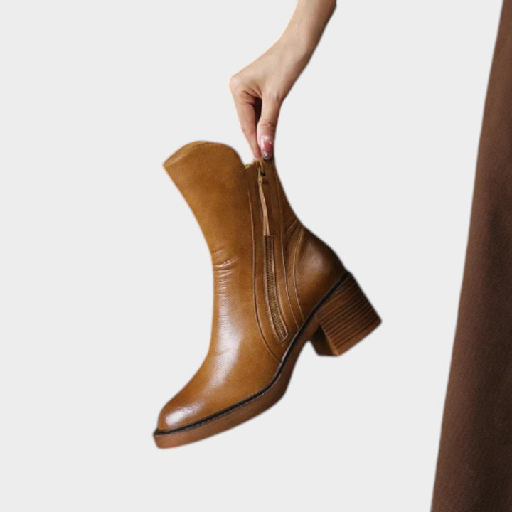 Leather Block Heel Ankle Boots with Side Zip