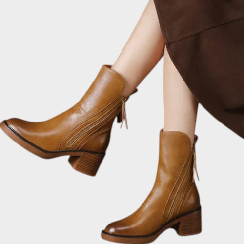 Leather Block Heel Ankle Boots with Side Zip