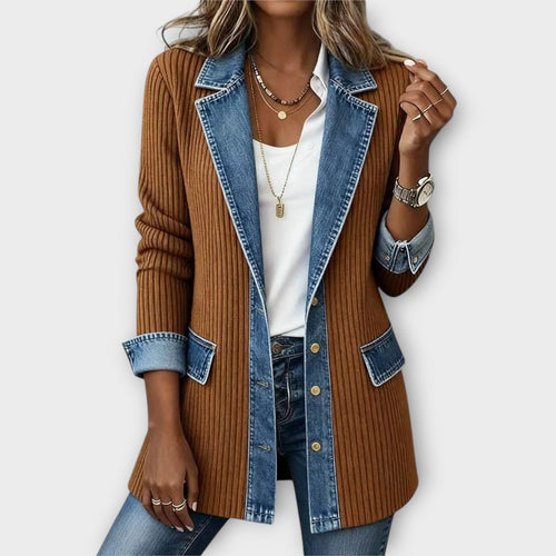 Longline Ribbed Denim Trim Cardigan