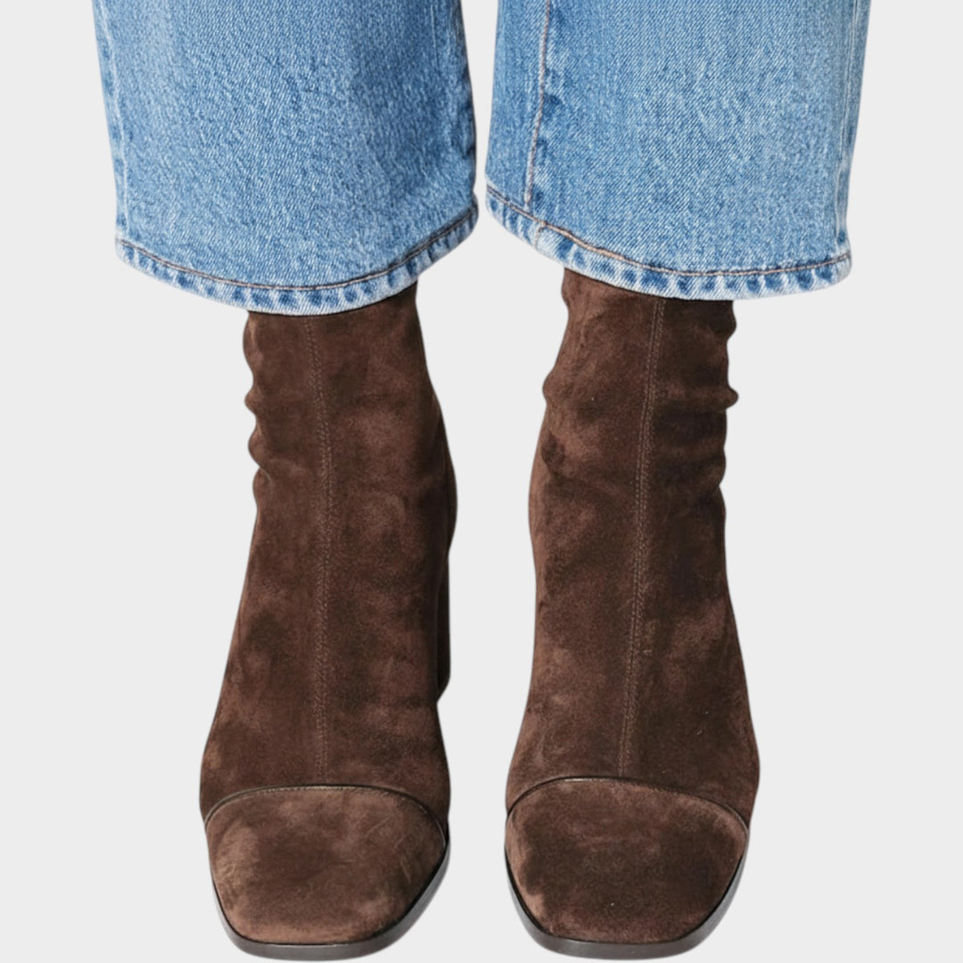 Suede Block Heel Ankle Boots with Pointed Toe
