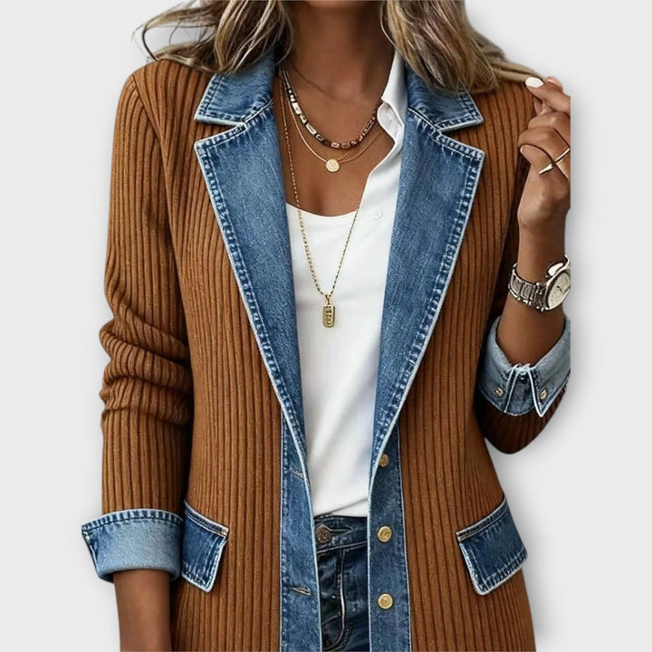 Longline Ribbed Denim Trim Cardigan