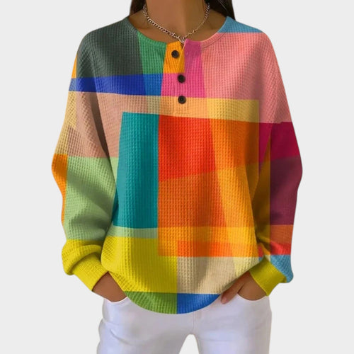 Multicolour Patchwork Waffle Knit Henley Top