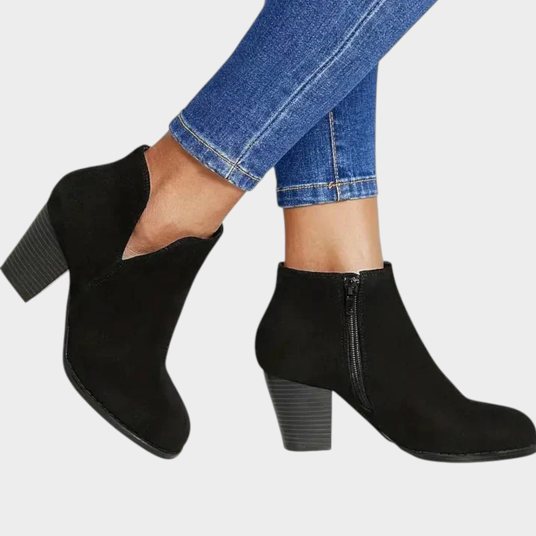 Suede Block Heel Ankle Boots with Side Zip
