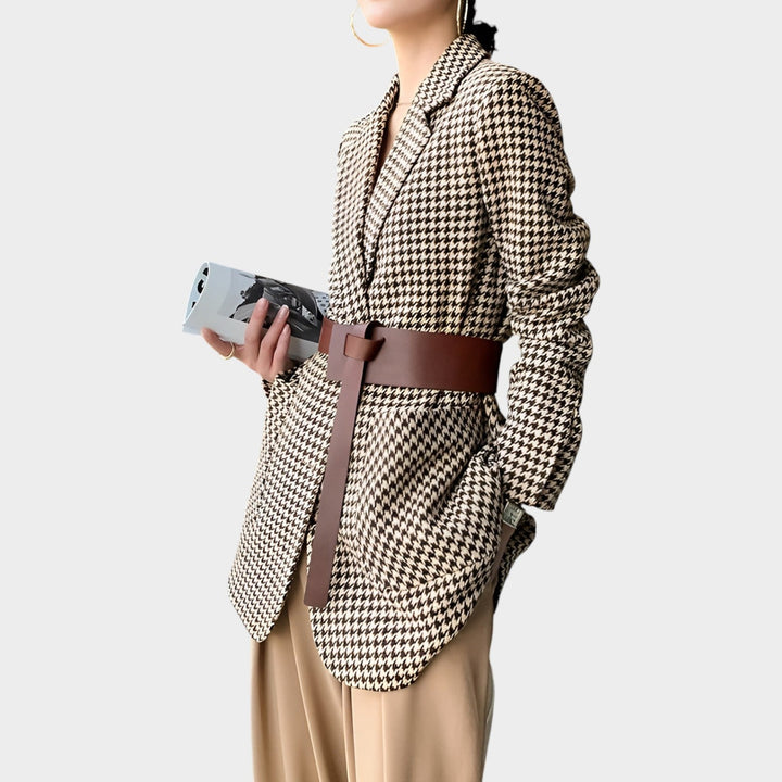 Women’s Belted Blazer with Houndstooth Pattern
