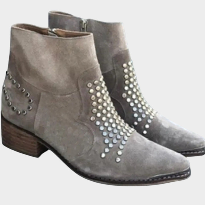 Suede Studded Block Heel Ankle Boots with Zip Closure