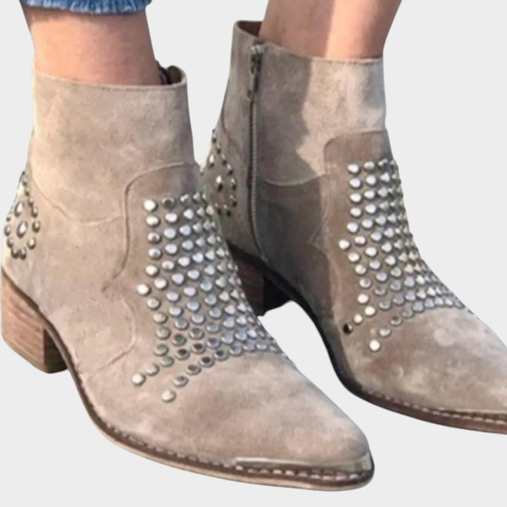 Suede Studded Block Heel Ankle Boots with Zip Closure