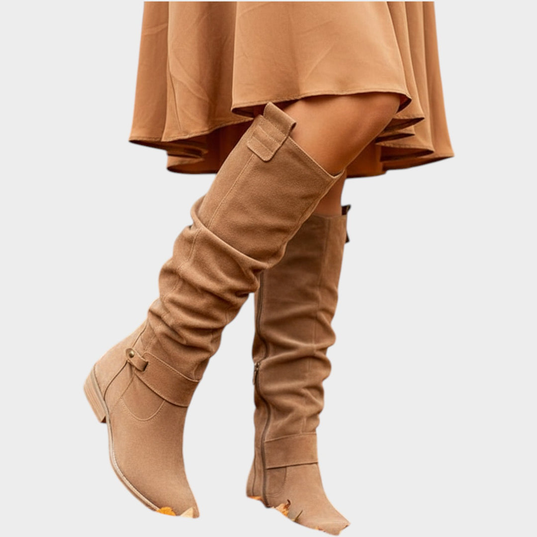 Suede Knee High Slouch Block Heel Boots