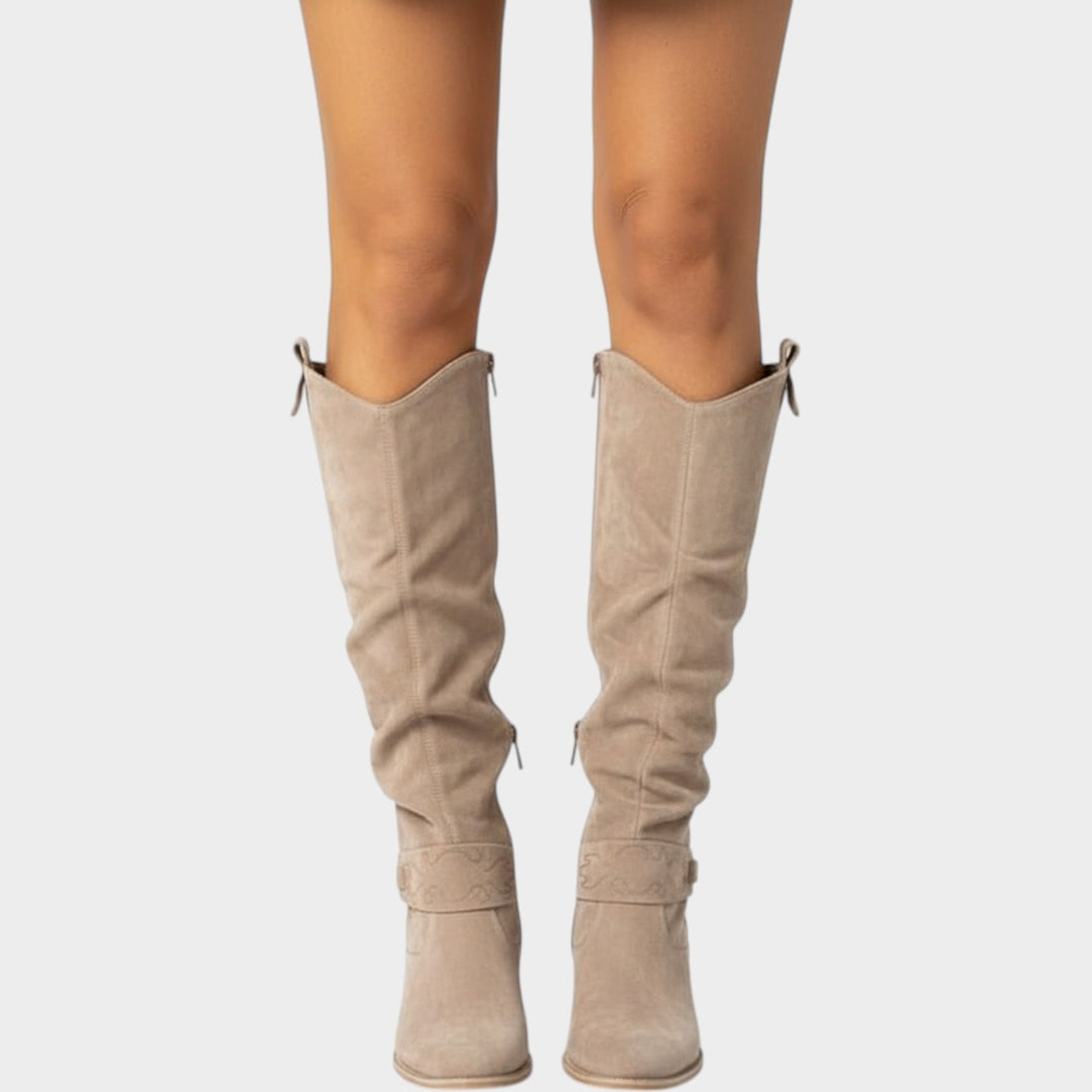 Suede Knee High Slouch Block Heel Boots