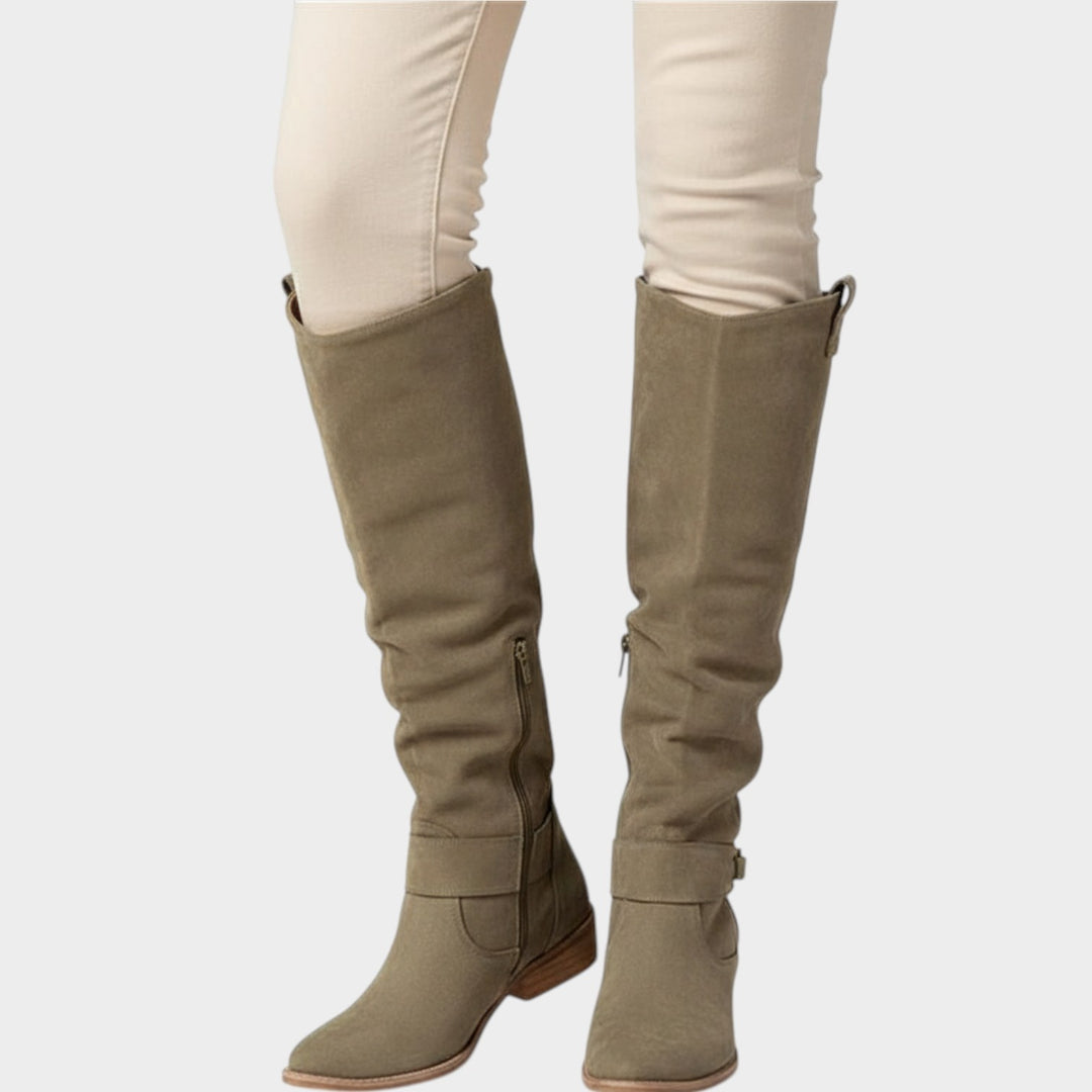 Suede Knee High Slouch Block Heel Boots