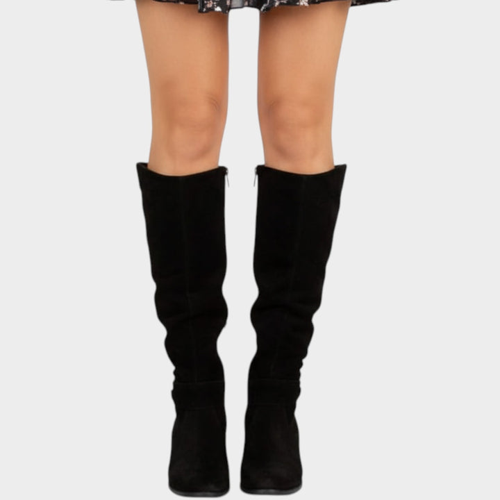 Suede Knee High Slouch Block Heel Boots