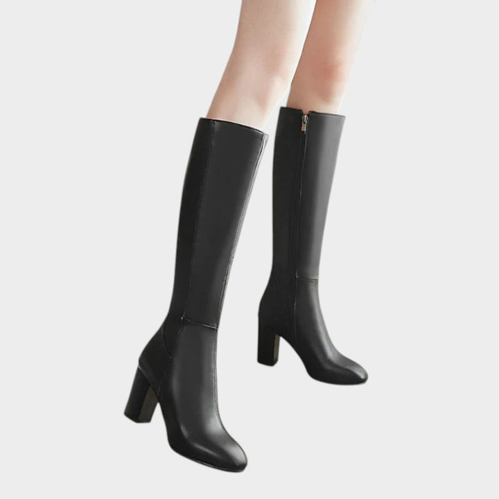 Knee High Block Heel Leather Zip Boots