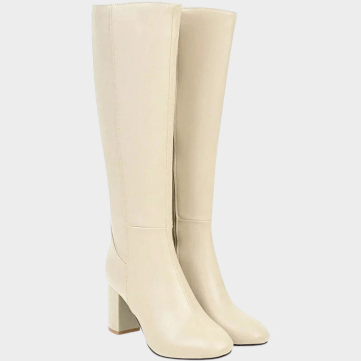 Knee High Block Heel Leather Zip Boots