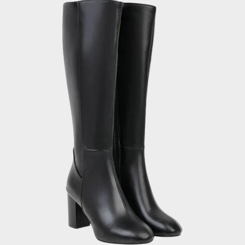 Knee High Block Heel Leather Zip Boots