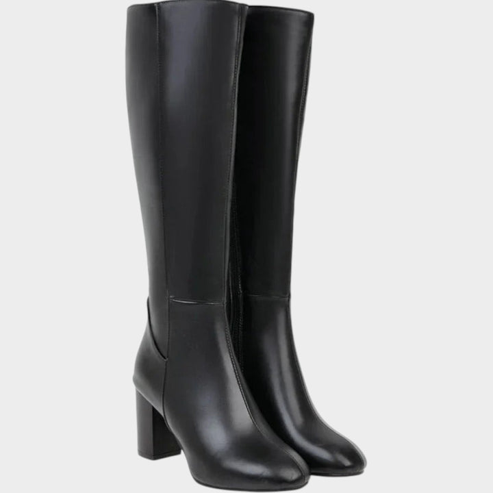 Knee High Block Heel Leather Zip Boots