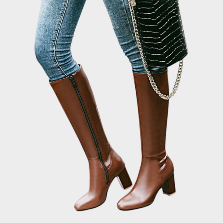 Knee High Block Heel Leather Zip Boots