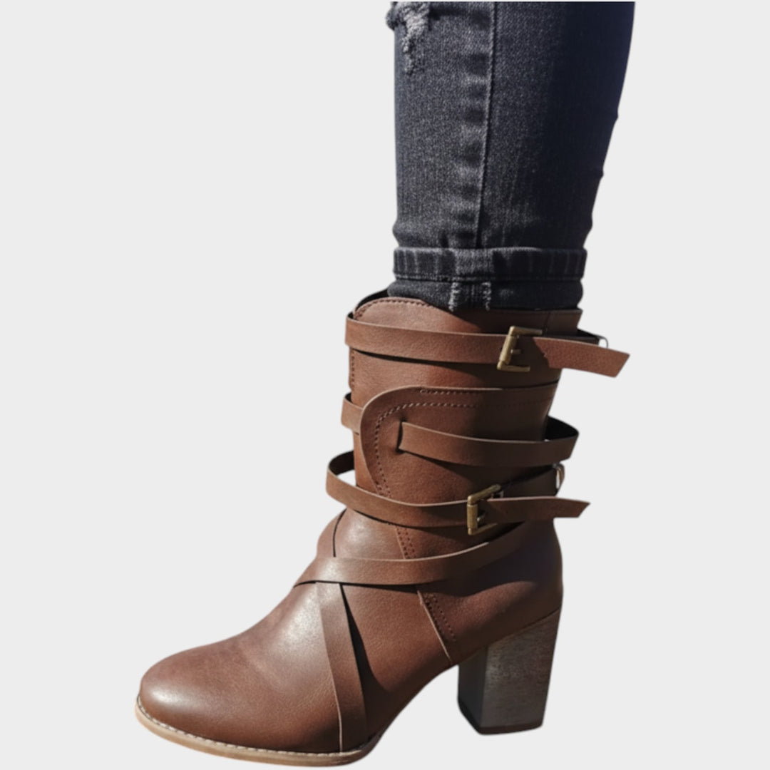 Leather Strappy Buckle Block Ankle Boots