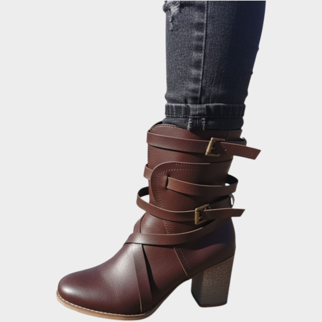 Leather Strappy Buckle Block Ankle Boots