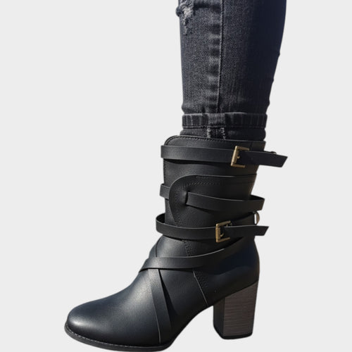 Leather Strappy Buckle Block Ankle Boots
