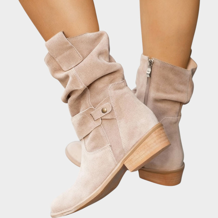 Suede Ankle Boots with Low Block Heel & Side Zip
