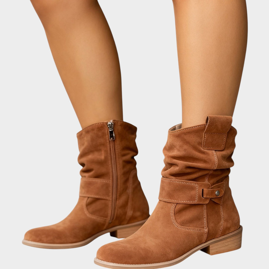 Suede Ankle Boots with Low Block Heel & Side Zip
