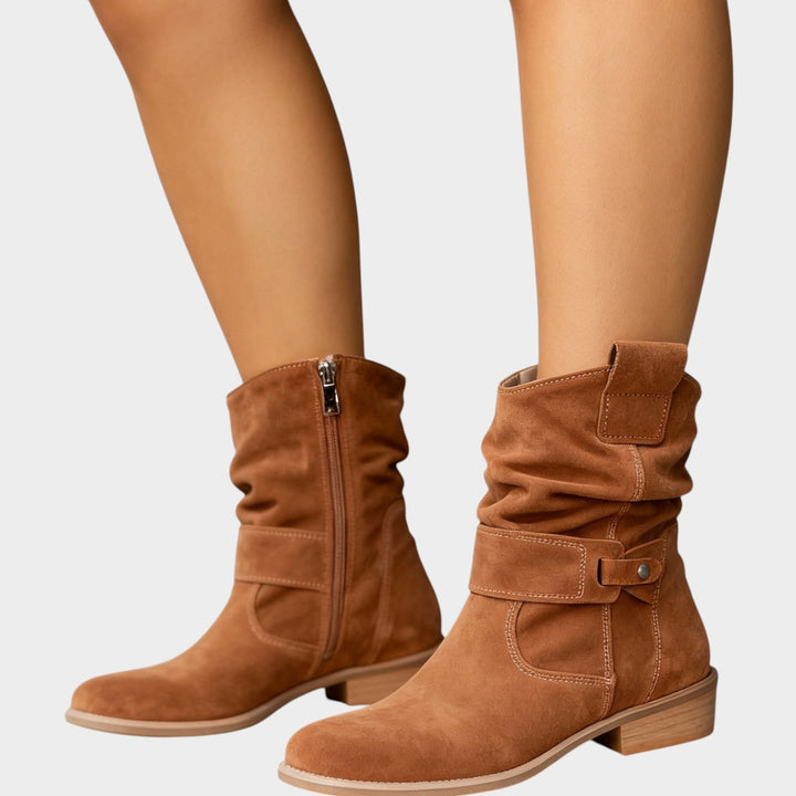 Suede Ankle Boots with Low Block Heel & Side Zip