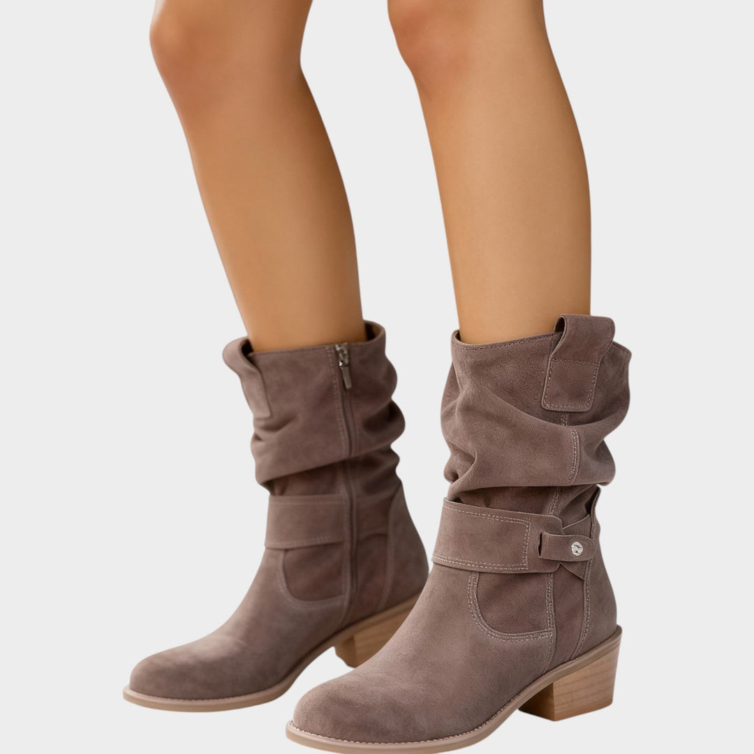 Suede Ankle Boots with Low Block Heel & Side Zip