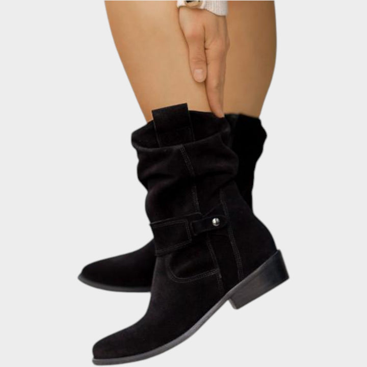 Suede Ankle Boots with Low Block Heel & Side Zip