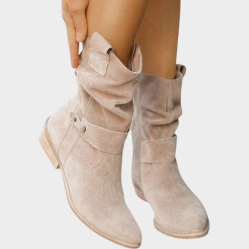 Suede Ankle Boots with Low Block Heel & Side Zip