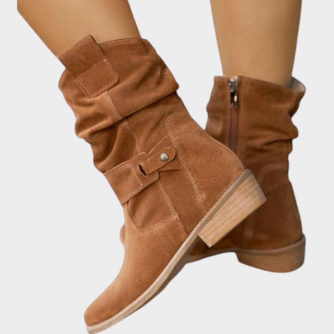 Suede Ankle Boots with Low Block Heel & Side Zip