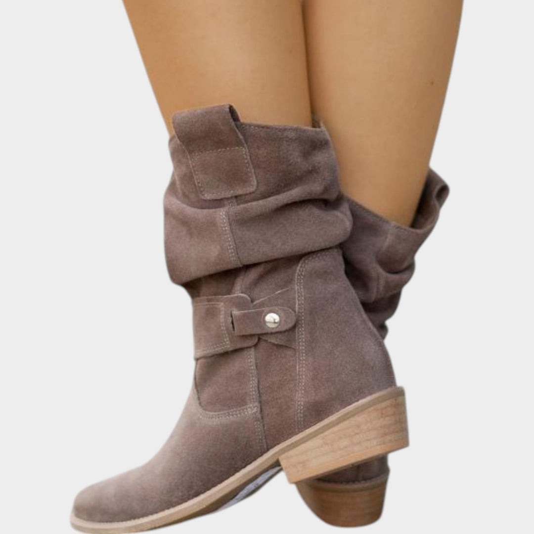 Suede Ankle Boots with Low Block Heel & Side Zip