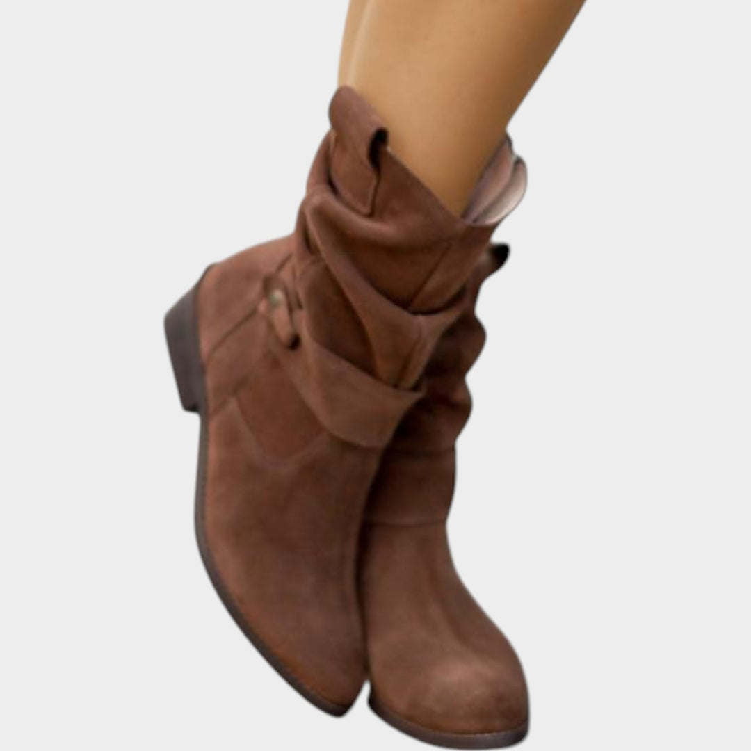 Suede Ankle Boots with Low Block Heel & Side Zip