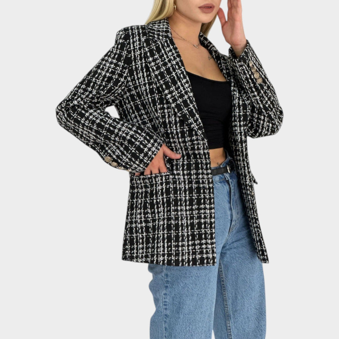 Women’s Tweed Blazer Plaid Elegant Button Detail