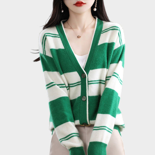 Women’s Knit Cardigan Block Stripe V Neck
