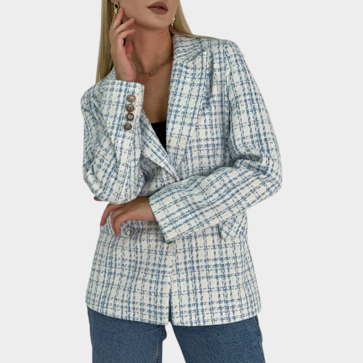 Women’s Tweed Blazer Plaid Elegant Button Detail