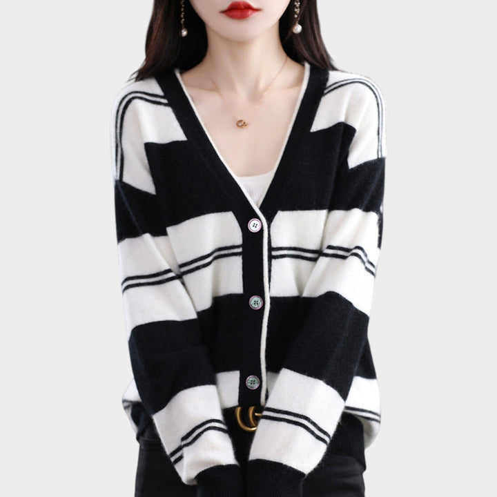 Women’s Knit Cardigan Block Stripe V Neck