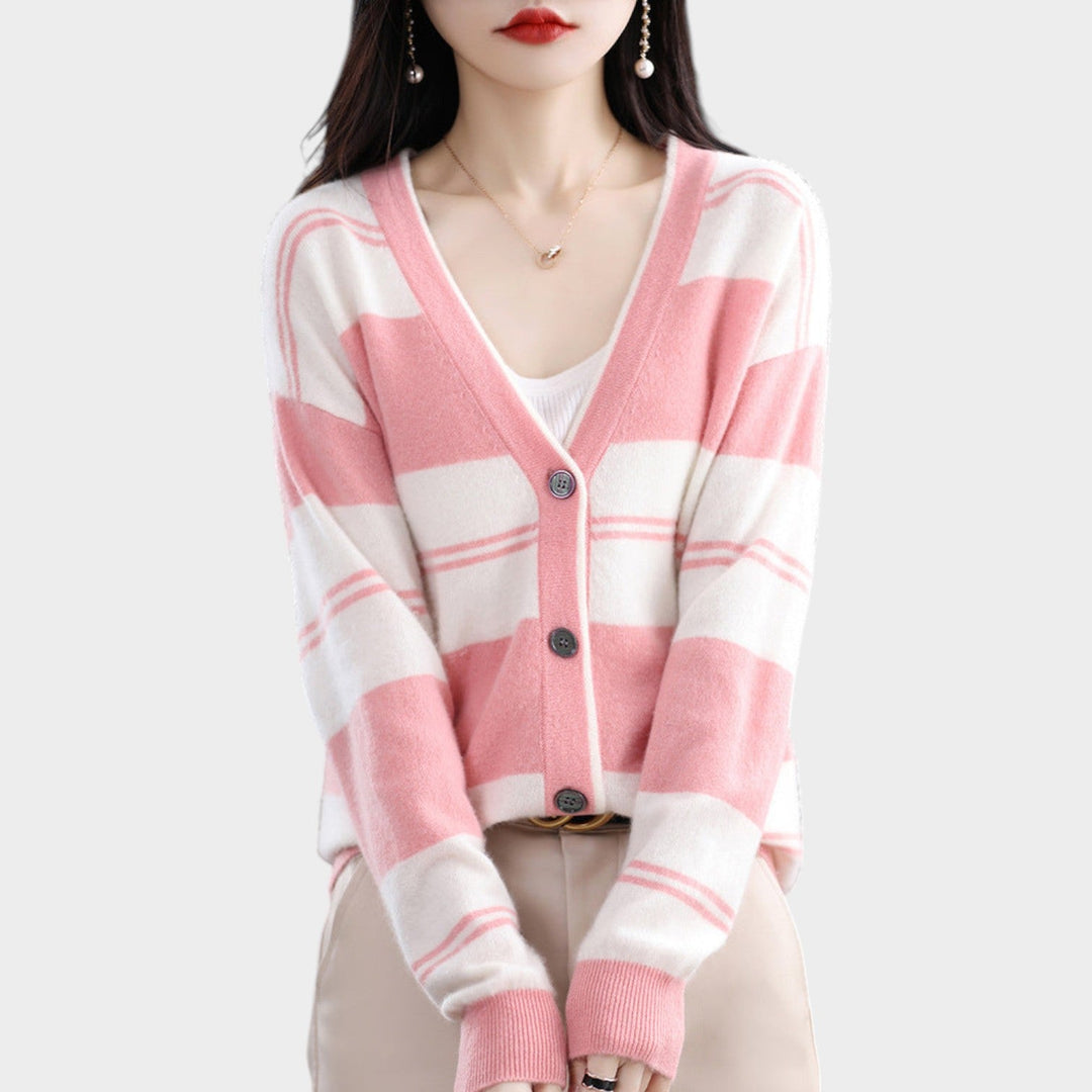 Women’s Knit Cardigan Block Stripe V Neck