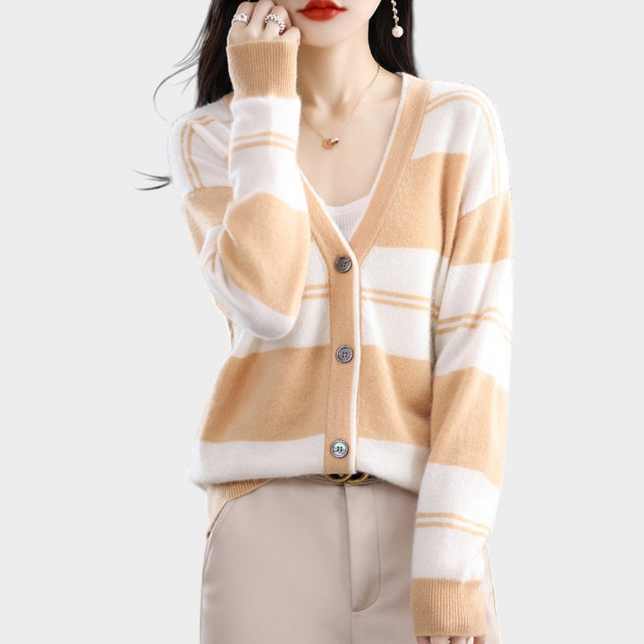 Women’s Knit Cardigan Block Stripe V Neck