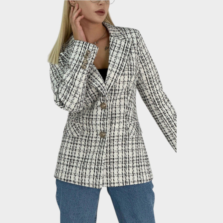 Women’s Tweed Blazer Plaid Elegant Button Detail